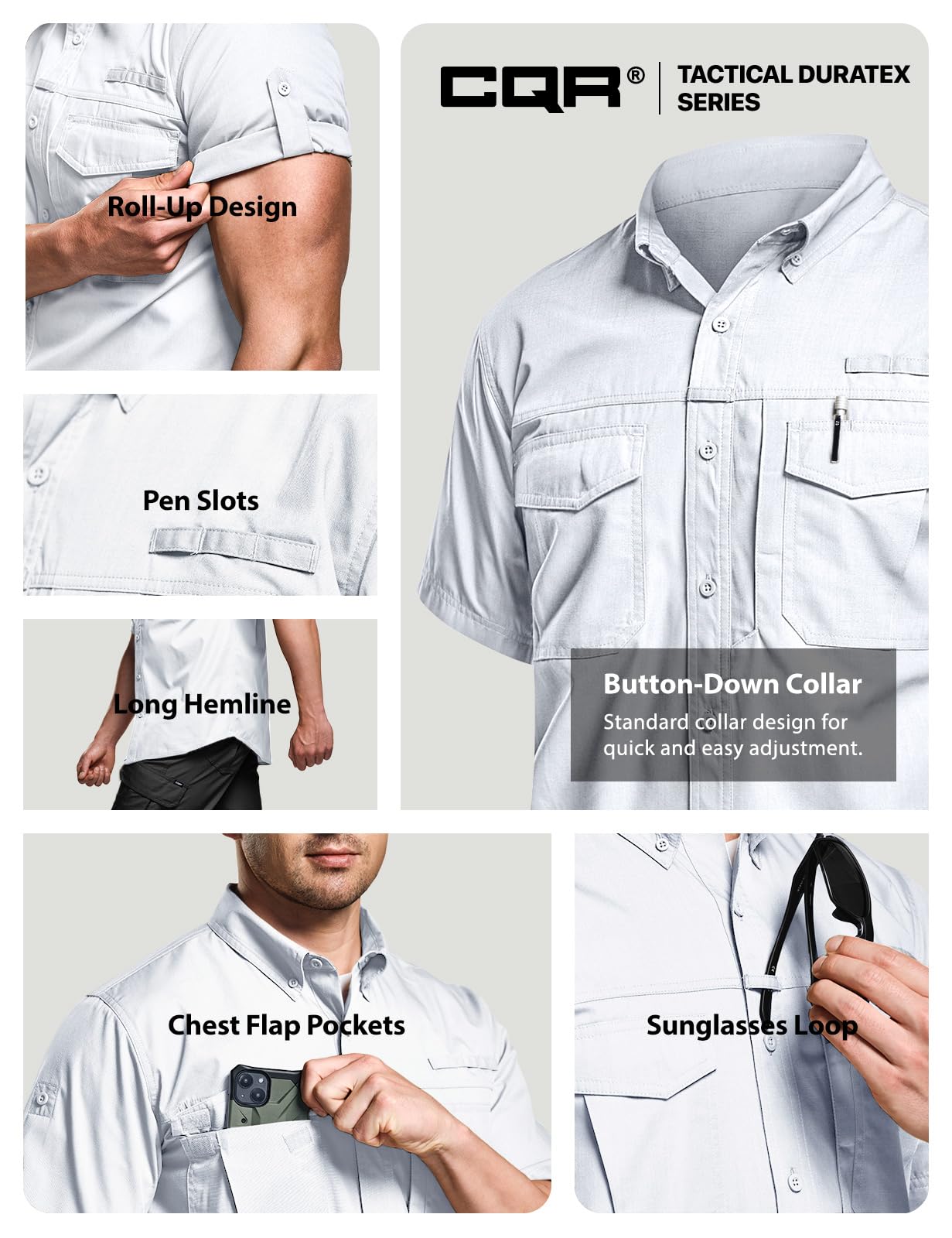 CQR Men's Short Sleeve Tactical Shirts, UPF 50+ Ripstop Military Work Shirts, Breathable Button Down Outdoor Hiking Shirt, Button Down Shirts White, XX-Large
