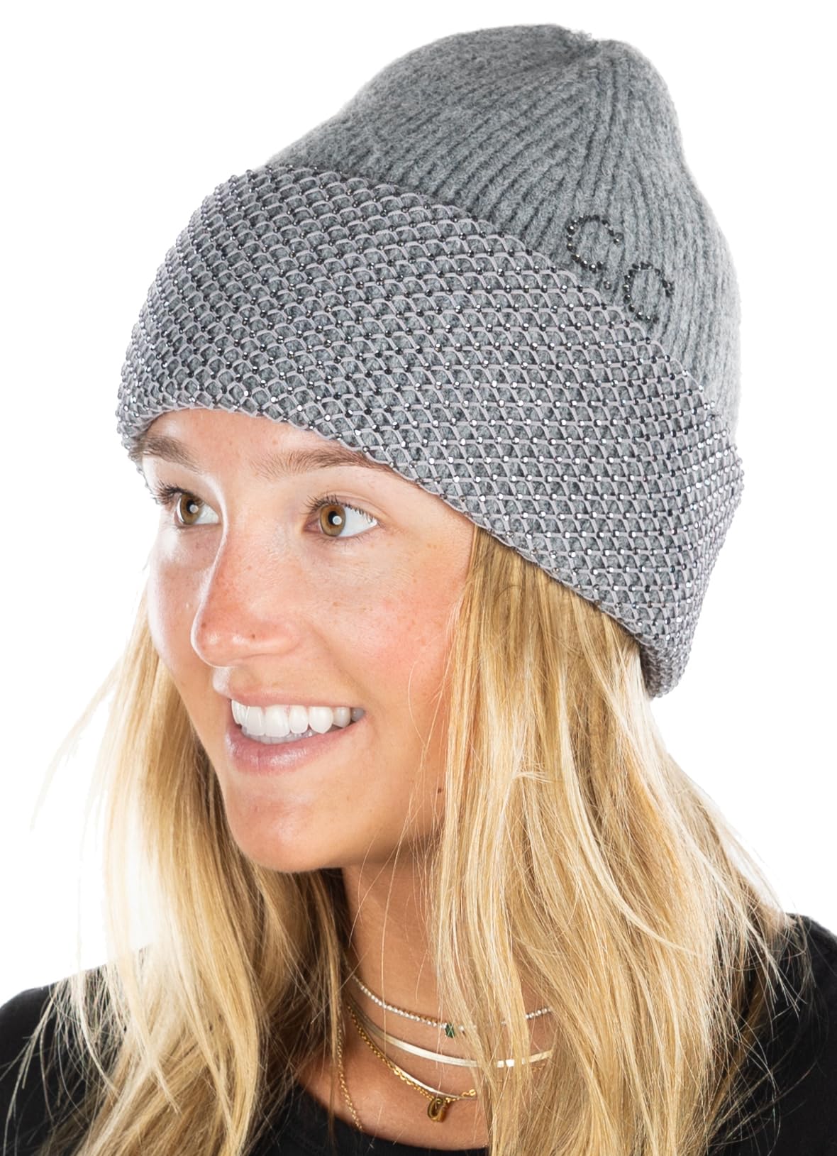 Funky Junque Women's Warm Sparkly Bedazzled Beanie Embellished Rhinestone Winter Hat Soft Stretchy Knitted Cap Made from Recycled Materials - Rhinestone Net - Grey