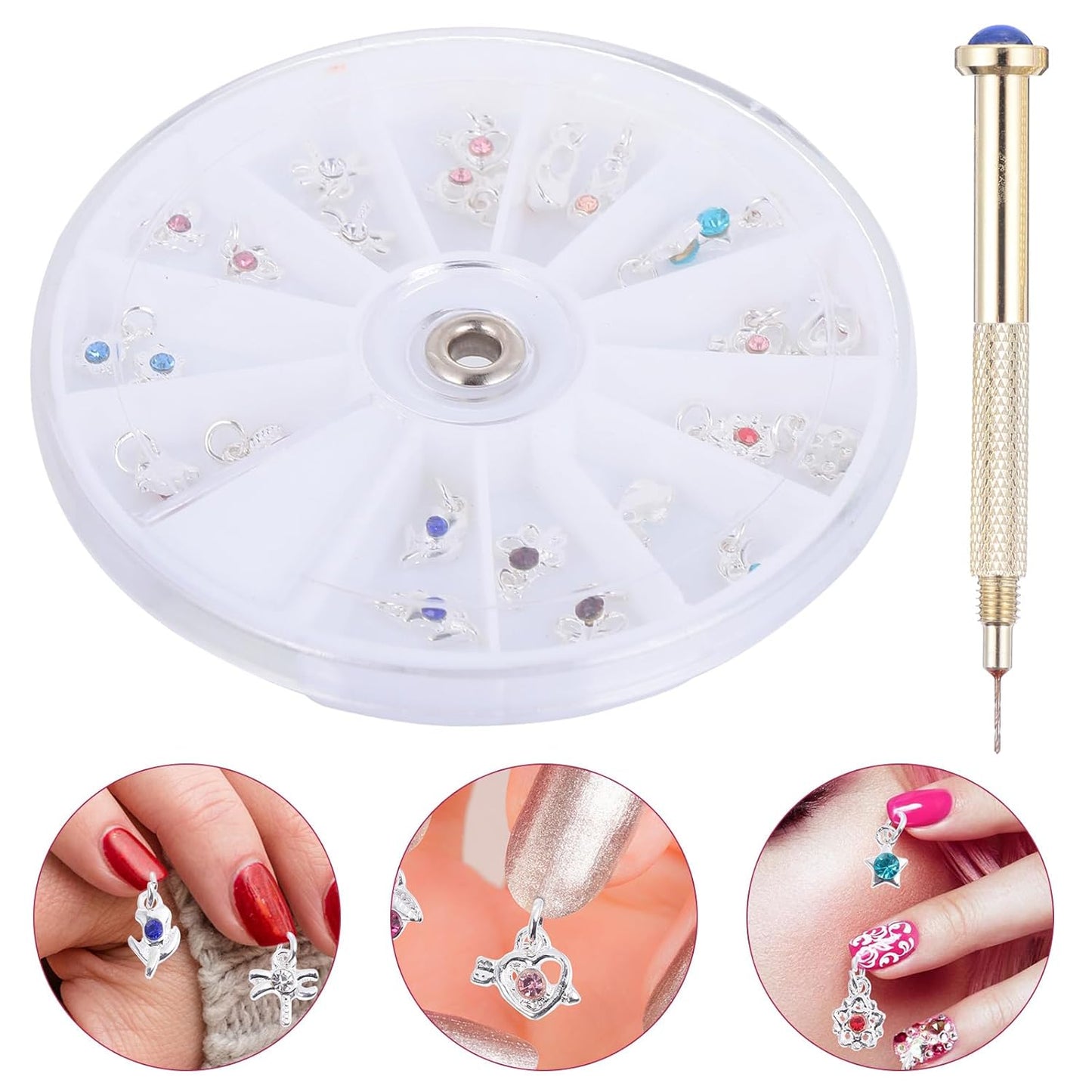 FRCOLOR 48 Pcs Dangle Nail Piercing Charms Set - Nail Piercing Tool & Alloy Jewelry for Art | Home & Salon Use