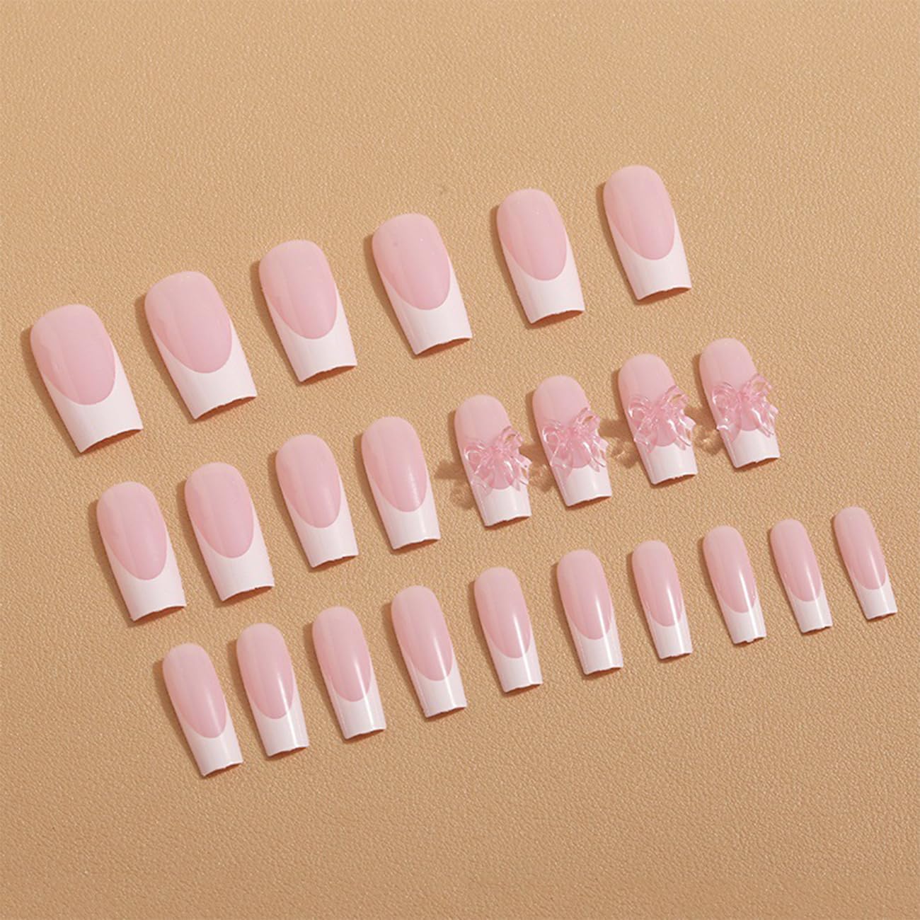 24pcs French Tip Press-On Nails - Short, Charms, Bow, Flower Design, Pink, Cute, Square Shape, Acrylic, Rhinestones