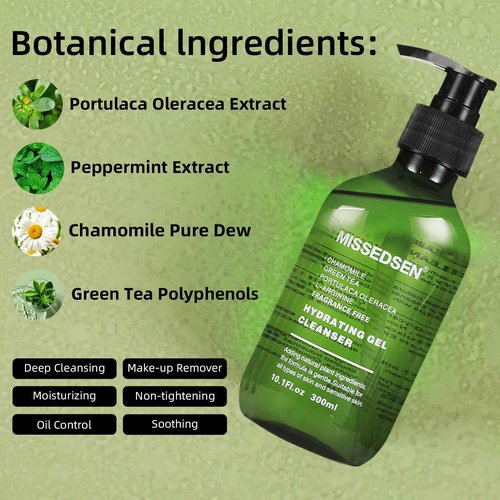 MISSEDSEN Hydrating Face Wash Foaming Facial Cleanser with Green Tea, Fragrance Free, For Normal to Dry, Sensitive, All Skin Types 10.1Fl oz