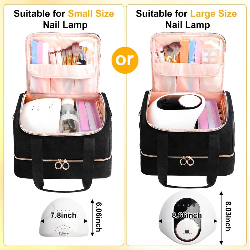 Veirdro Nail Polish Organizer Bag Holds 80 Bottles (15ml/0.5fl.oz)& Nail Lamp, Soft Velvet Nail Kit Storage Carrying Case with Shoulder Strap, Double Layer Nail Supplies Organizer Handbag Women Black