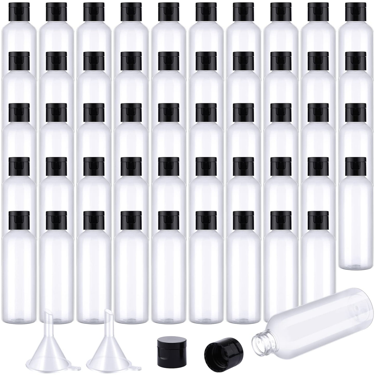 Nuenen 50 Pcs 3.4 oz Travel Size Bottles with Flip Cap Plastic 100ml Travel Bottle TSA Approved for Toiletries with 2 Funnels Small Leakproof Empty Refillable Squeeze Shampoo Containers(Clear, Black)