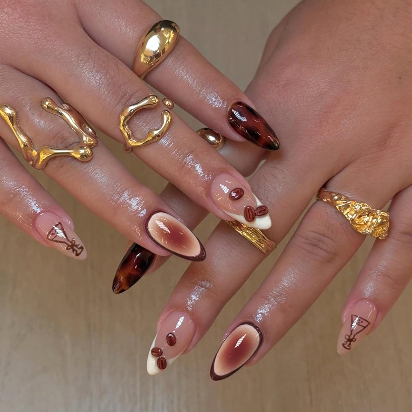 French Tip Almond Press-On Nails with Gold Bow | Reusable Glossy Acrylic False Nails for Women