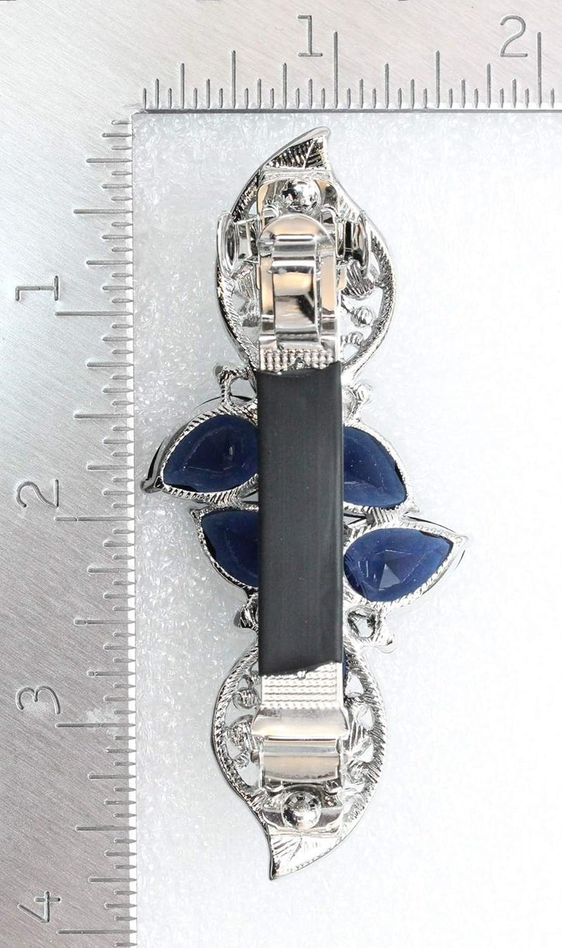 Navy Blue CZ Crystal Floral Hair Barrette Clip - Heavy Duty Design