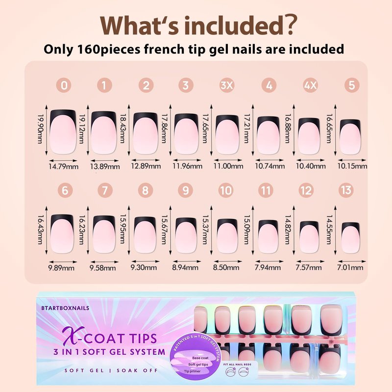 btartboxnails XCOATTIPS French Nails - Black French Tip Press on Nails, Soft Gel Square Nail Tips, Short Press on Nails, Soak Off Acrylic Nails Extensions Pink