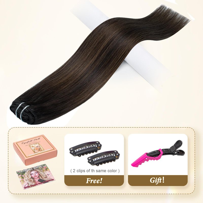 Ombre Hair Extensions Clip in Human Hair Remy Brazilian Clip on Real Human Hair Invisible Double Weft Balayage Dark Brown to Chestnut Brown 20 Inch 60G 5 PCS Natural Straight Clip ins Hair for Women