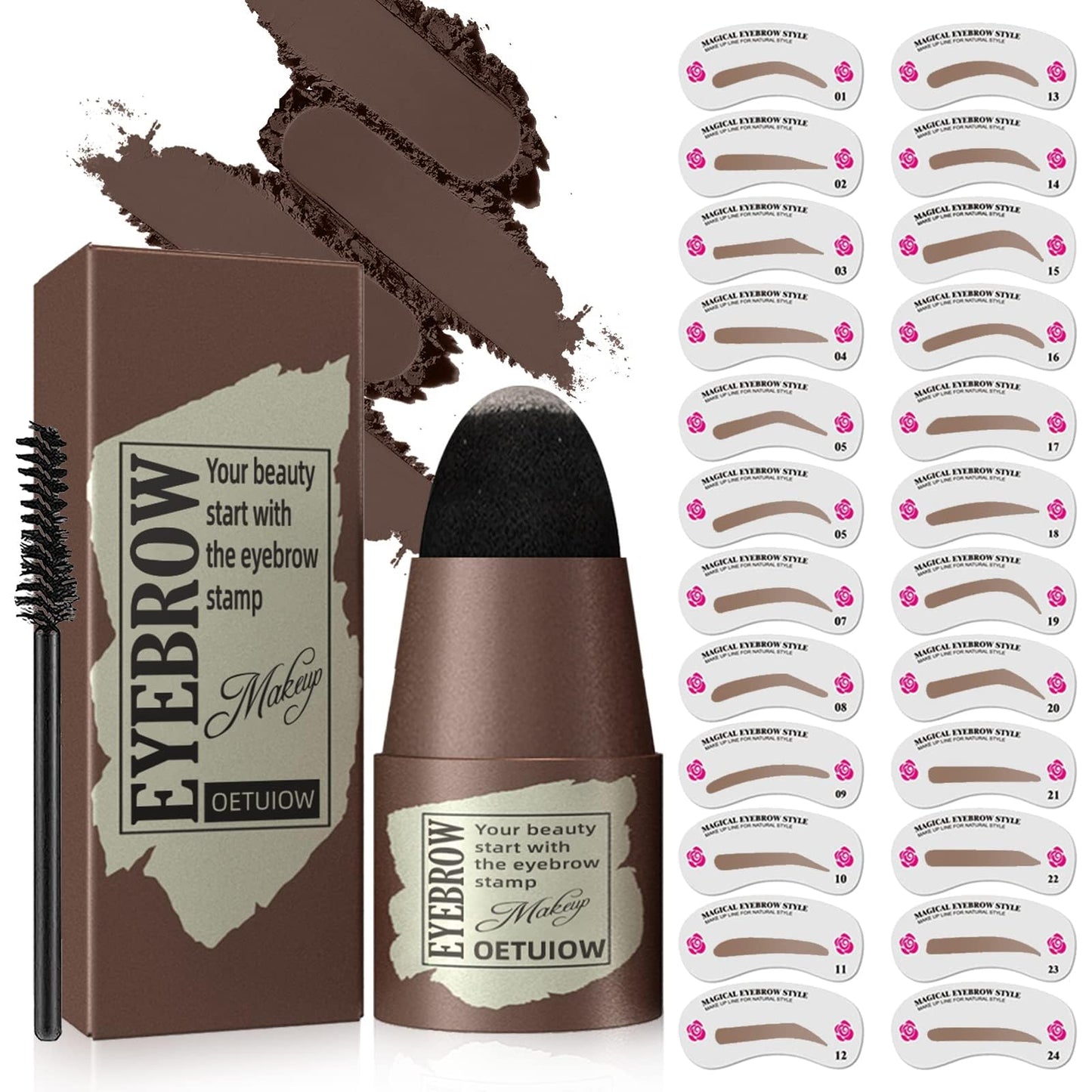 Eyebrow Stamp Stencil Kit - One-Step Eye Brow Stencil Kit with 24 Reusable Thin & Thick Eyebrow Stencils, Long-Lasting Waterproof & Smudge-Proof Brow Stamp Kit for Perfect Eye Makeup (Black Brown)