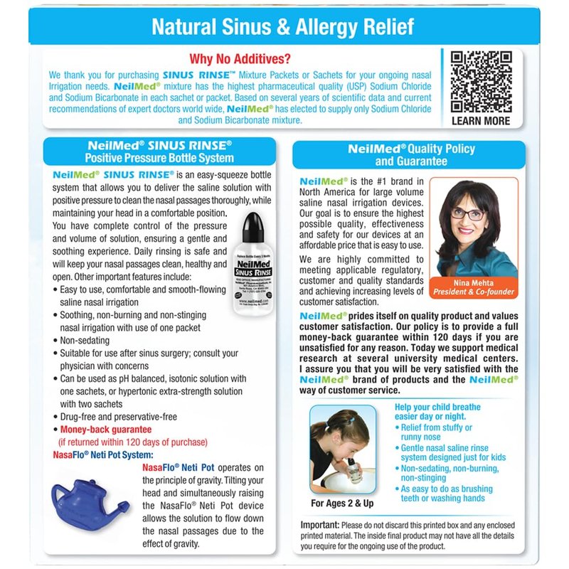Neilmed's Sinus Rinse, Pediatric, Complete Saline Nasal Rinse Kit 60 Premixed Packets