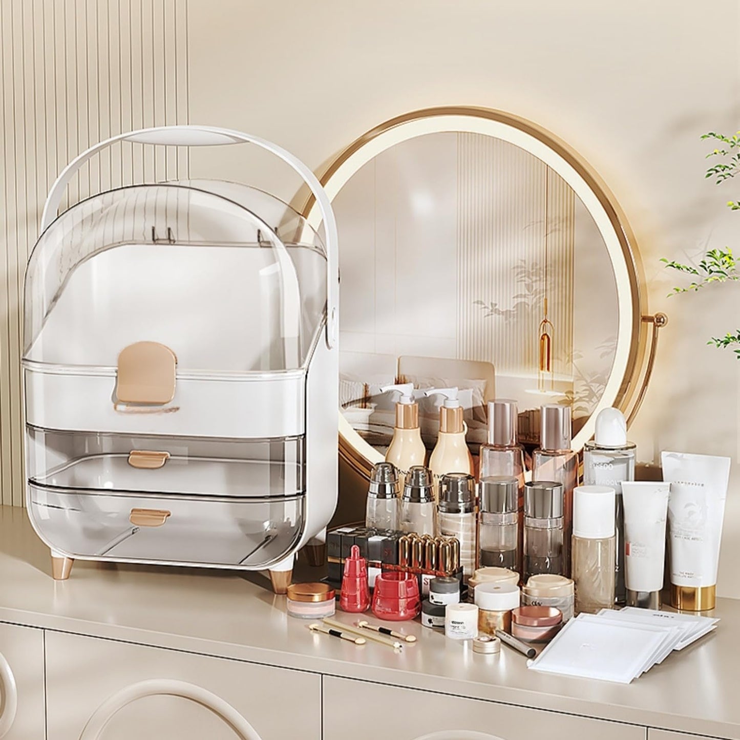 XAIODRAGONSKY Makeup Organizer, Skincare Organizers with Clear Lid & 2 Drawers and 360° Rotating Brush Holder