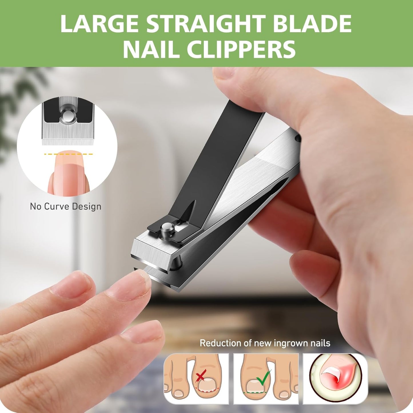 Heavy Duty Straight Blade Nail Clippers for Thick Toenails, Professional Stainless Steel Fingernail Toenail Clippers Trimmers - Thick Wide Jaw Toe Nail Clippings for Seniors, Men & Women (Black)