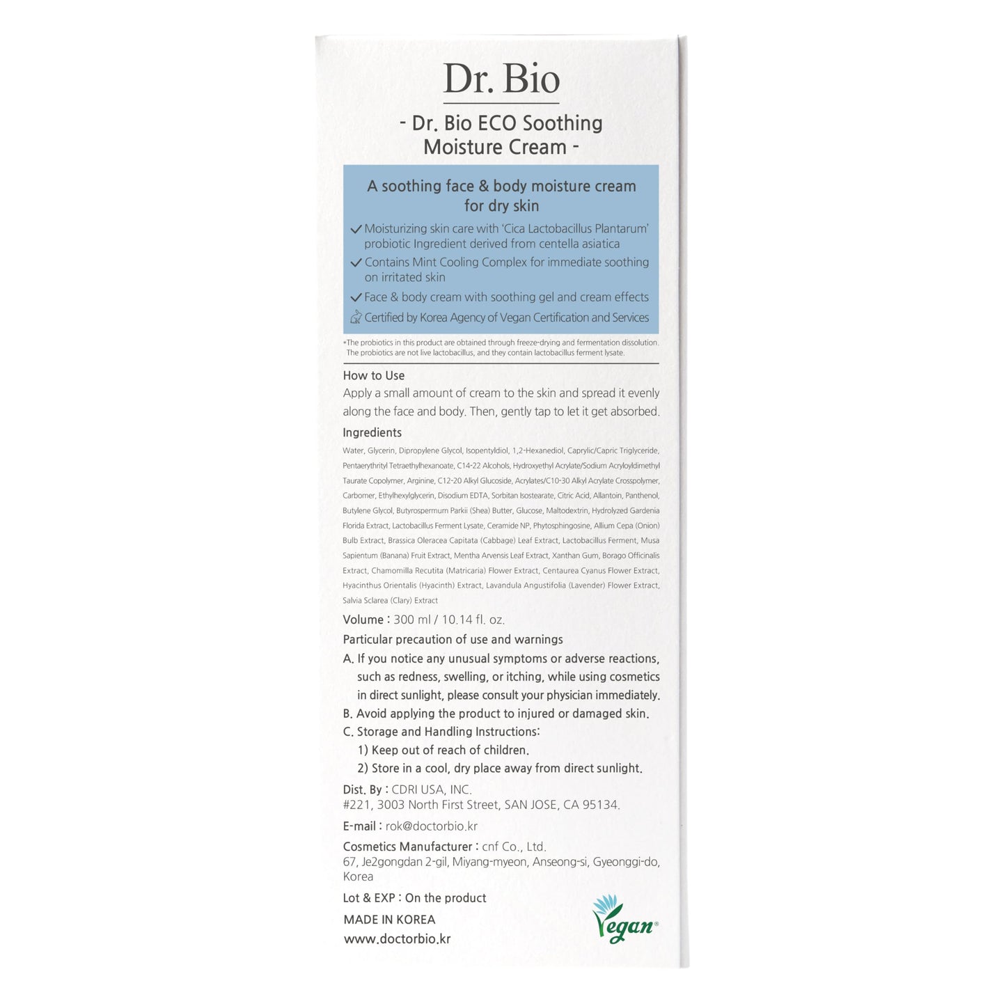 Dr.Bio Eco Soothing Moisture Cream, Moisturizer with Probiotics for Sensitive Skin & Dry Skin, Hydration and Soothing Relief for Face and Body, Cooling Immediately, Lightweight, Korean Skin Care