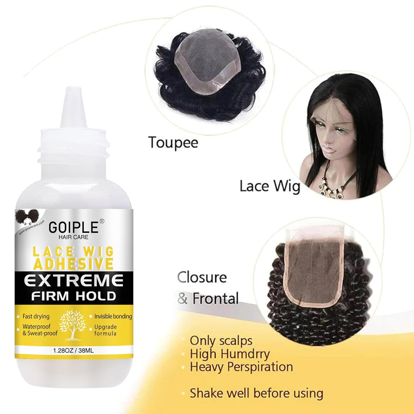 Goiple Wig Glue for Lace Front Wigs, Waterproof Lace Front Wig Glue for Wigs, Strong Hold Transparent Lace Adhesive for Hair Replacement Invisible Hair Bonding Wig Adhesive(1.28 fl oz)