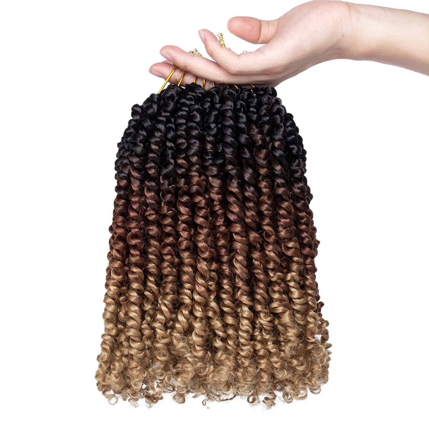 Leeven Pre Twisted Passion Twist Crochet Hair 10 Inch 8 Packs Pre Looped Ombre Blonde Bomb Twists 3 Tone Short Curly Bohemian Synthetic Braiding Hair for Black Women 12 Strands/Pack #1B/30/27