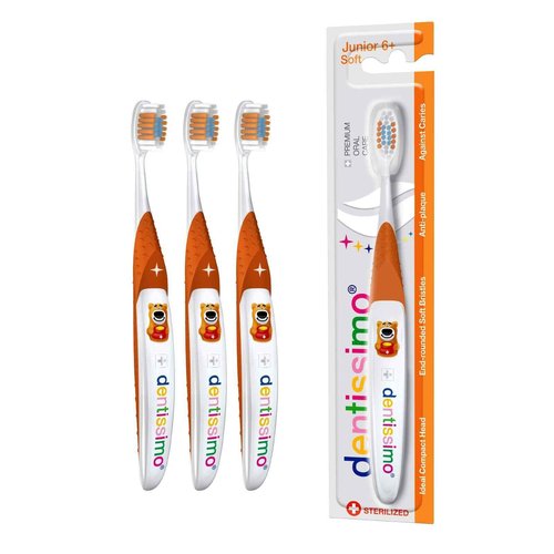 DENTISSIMO SWISS BIODENT Premium Oral Care Kids Soft Junior Toothbrush for Gentle Cleansing, Ages 6 and Up, Colors May Vary, Pack of 3