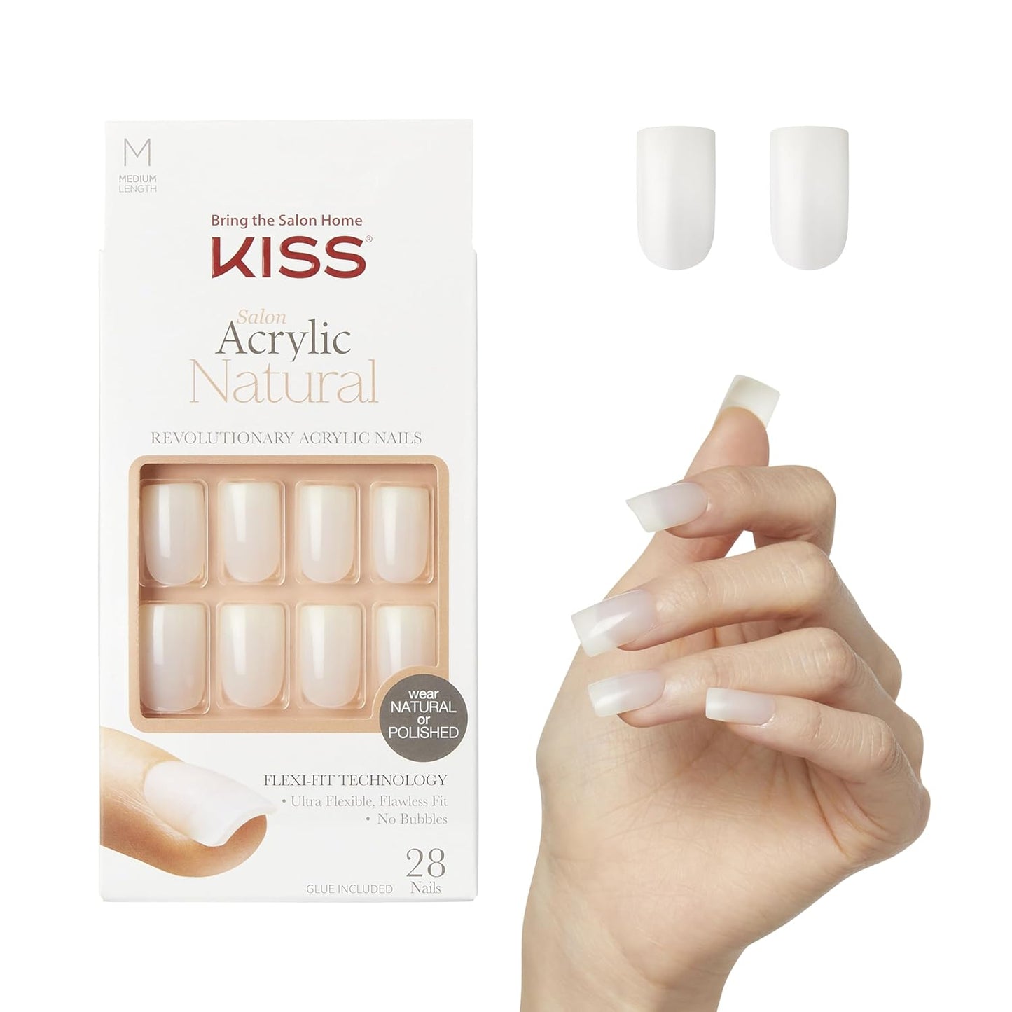 KISS Salon Acrylic Natural Press On Nails, Nail glue included, 'Rare', Nude, Short Size, Squoval Shape, Includes 28 Nails, 2g Glue, 1 Manicure Stick, 1 Mini File