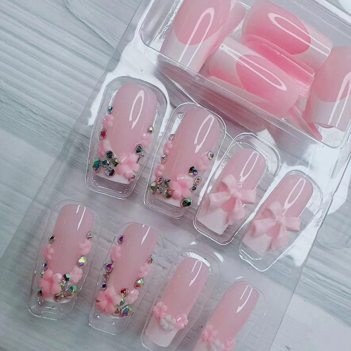 24pcs French Tip Press-On Nails - Short, Charms, Bow, Flower Design, Pink, Cute, Square Shape, Acrylic, Rhinestones