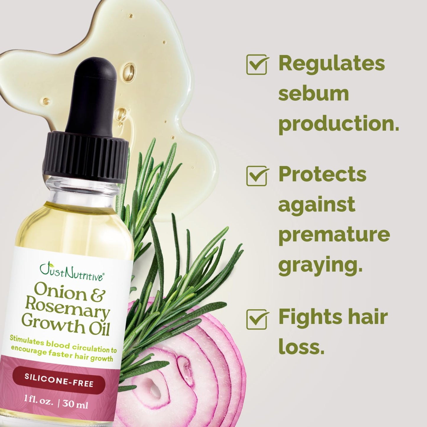 Just Nutritive Rosemary & Onion Hair Growth Oil Treatment for Thinning, Breakage, Scalp Health, Collagen Boost, Antioxidants, Omega-3 & 6 Fatty Acids for Stronger, Thicker Hair - 1 oz