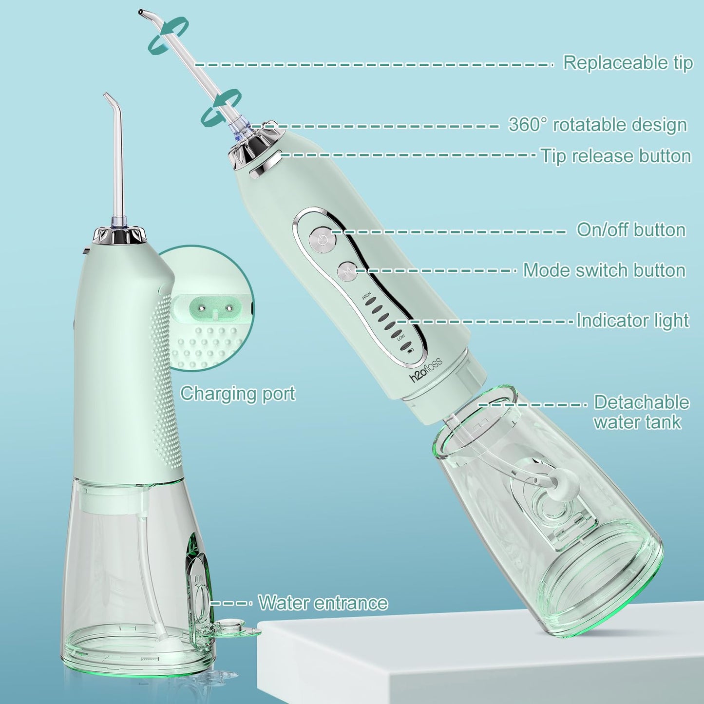 H2ofloss Water Dental Flosser Teeth Pick: Portable Cordless Oral Irrigator with 5 Modes, 300ML Rechargeable Travel Irrigation Cleaner IPX7 Waterproof Electric Flossing Machine for Teeth Cleaning Green