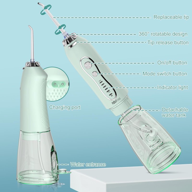 H2ofloss Water Dental Flosser Teeth Pick: Portable Cordless Oral Irrigator with 5 Modes, 300ML Rechargeable Travel Irrigation Cleaner IPX7 Waterproof Electric Flossing Machine for Teeth Cleaning Green