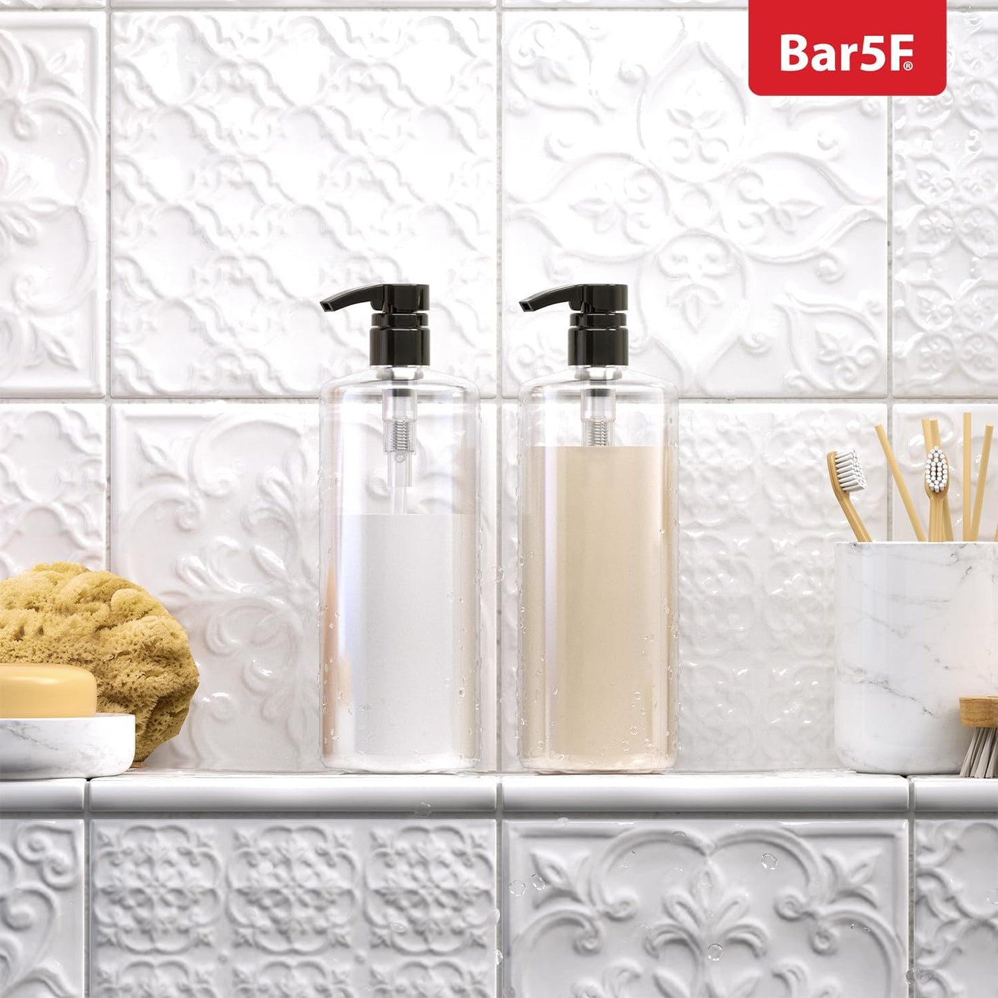 Bar5F 1-Liter Pumps for Shampoo and Conditioner Bottles for 33.8-Ounce Professional Salon Brands (White & Black)