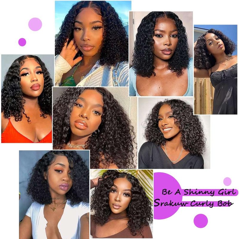 Srakuw Wear and Go Glueless Wigs Human Hair Pre Plucked Pre Cut 4x4 Lace Front Wigs for Black Women for Beginners 180 Density Curly Bob Wig Human Hair (8 Inch)