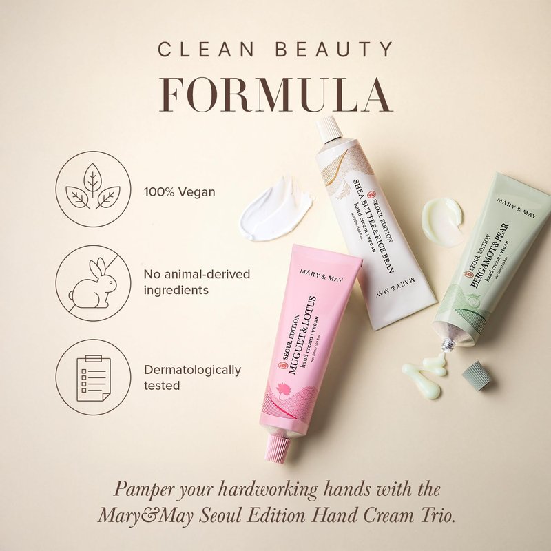 Mary&May SEOUL EDITION Shea Butter & Rice Bran Hand Cream Trio Set - Korean Nourishing Vegan Hand Moisturizer for Soft, Healthy Hands - 3 Different Formula & Scent, 1.69oz. 3ea