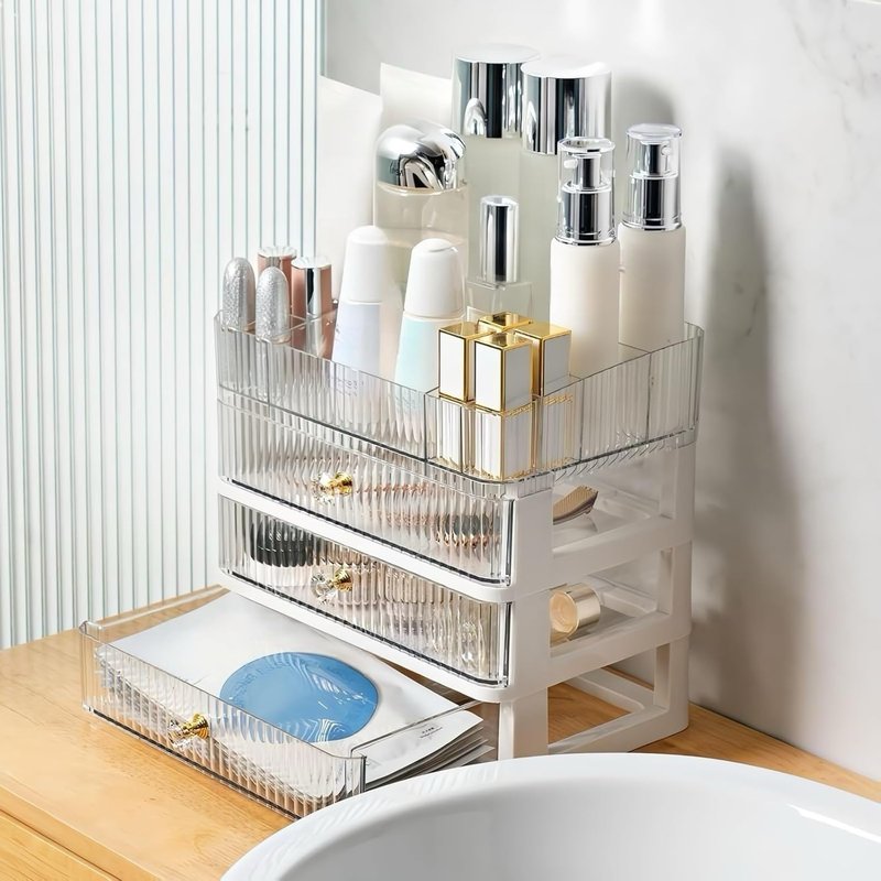 Simbuy Clear Makeup Organizer with 3 Drawers, Bathroom Organizer and Storage, Ideal for Desk and Dresser Vanity Countertop, Great for Cosmetics, Skincare, Perfume,Toiletry
