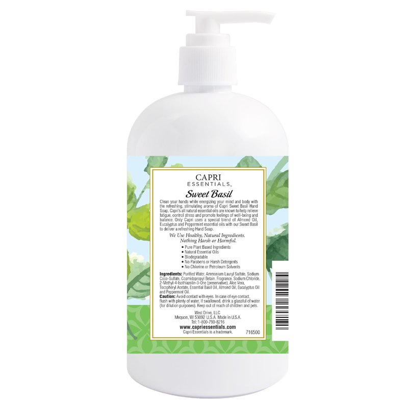 Capri Essentials Hand Soap Liquid, Natural Household Cleaning Supplies, Gentle Plant Based Aromatic Hand Wash with a Blend of Essential Oils, Removes Dirt & Grime, Sweet Basil Scent, 16 FL Oz (6 Pack)