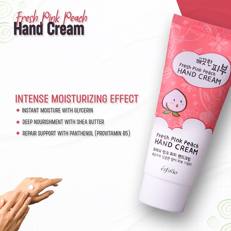 esfolio Fresh Pink Peach Hand Cream – Moisturizing Korean Hand Lotion with Peach & Apricot Extracts – Softens, Hydrates & Smooths Dry Skin – Lightweight Non-Greasy Formula (3.38 OZ/100ML)