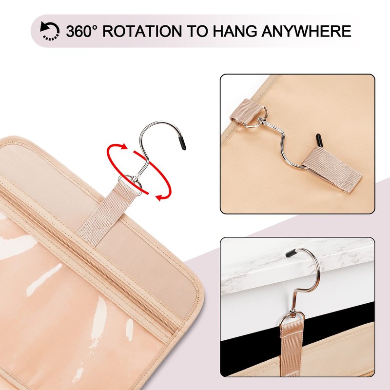 COOSKY Travel Hanging Toiletry Bag for Women, Cruise Ship Essentials, with Jewelry Organizer, Extra Large Makeup Dopp Kit, Waterproof Cosmetic Bags, Toiletries Kit Set with Trolley Belt, Khaki