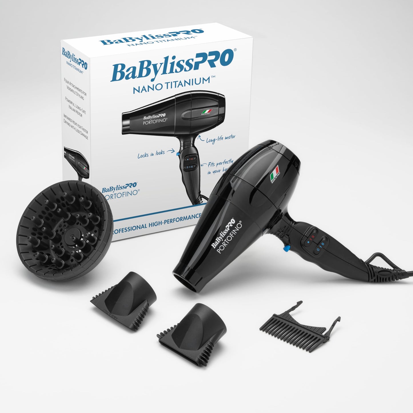 BaBylissPRO Hair Dryer, Nano Titanium Portofino 2000-Watt Blow Dryer, Hair Styling & Appliances, Black, BPOR1