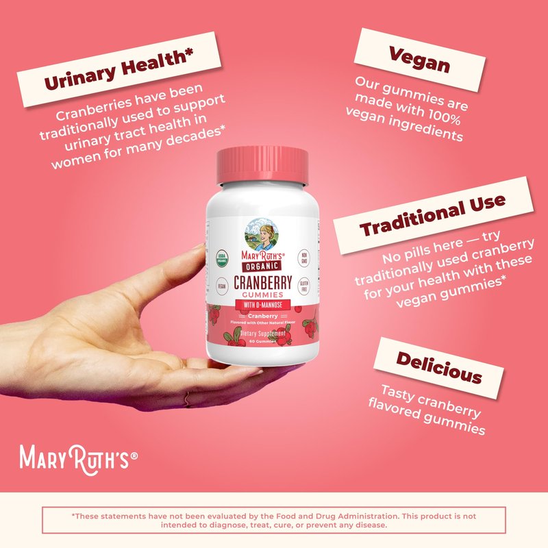 MARYRUTH'S Organics Organic Cranberry Gummies - 500mg Supplement | Urinary Tract Health for Women | with D Mannose | Traditional Use | USDA Organic | Vegan | Non GMO | 30 Servings
