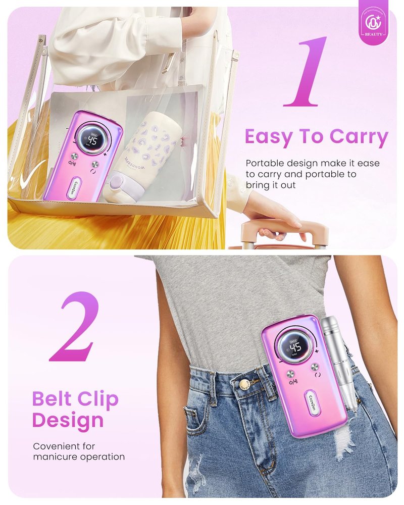 CozyZen Cordless Nail Drill Professional: 45000 RPM Rechargeable Electric Nail File Kit, Portable & Low Noise for Acrylic, Gel Nails, Manicure & Pedicure - Salon & Home Use
