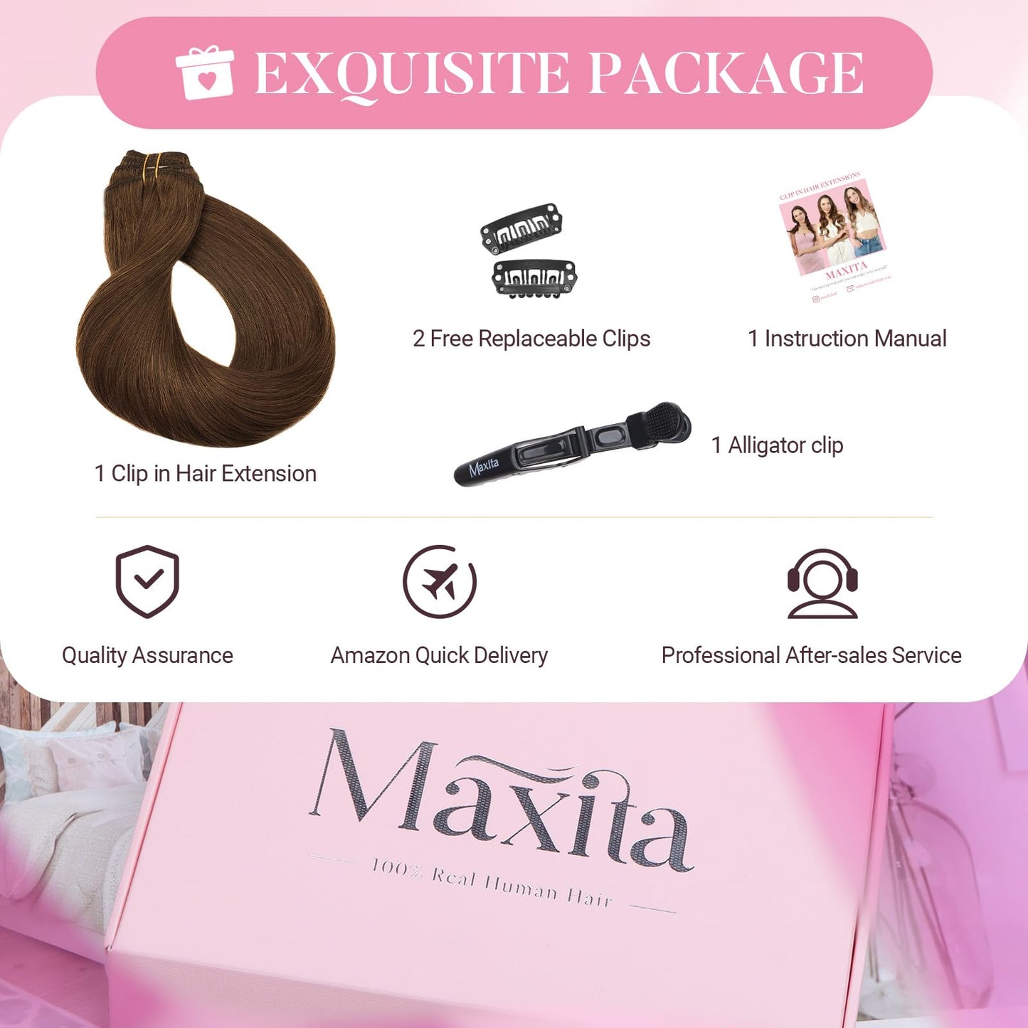 MAXITA Clip in Hair Extensions Real Human Hair,Remy Hair Extensions Clip ins Double Weft for Women,Natural Real Human Hair,16Inch 70g 5Pcs,Chocolate Brown