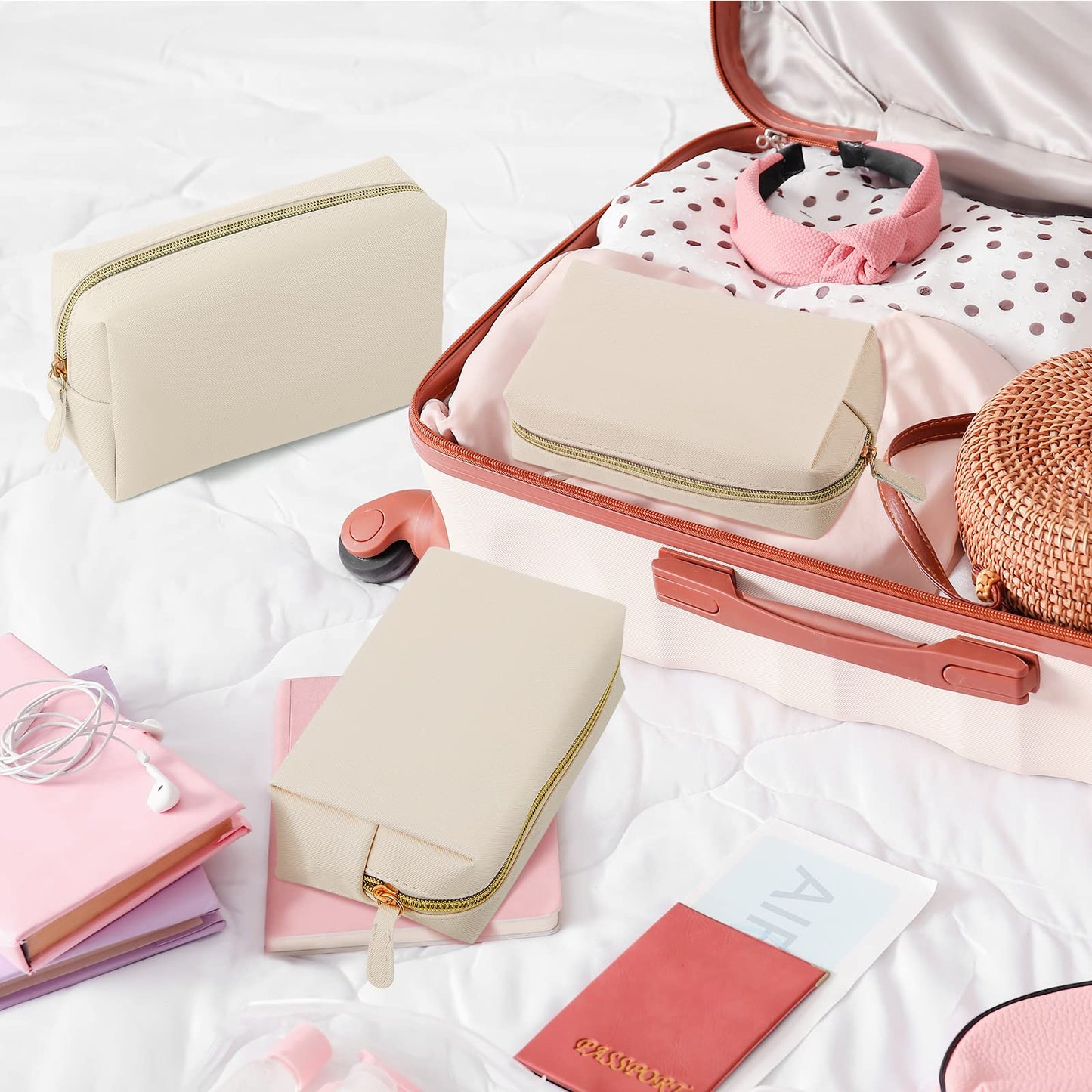 Dunzy 8 Pcs Makeup Bag Pu Leather Cosmetic Pouch Waterproof Small Toiletry Bag Portable Cosmetic Organizer Water Resistant Storage Purse for Lady Women Daily Storage Travel Organizer (Beige,Medium)