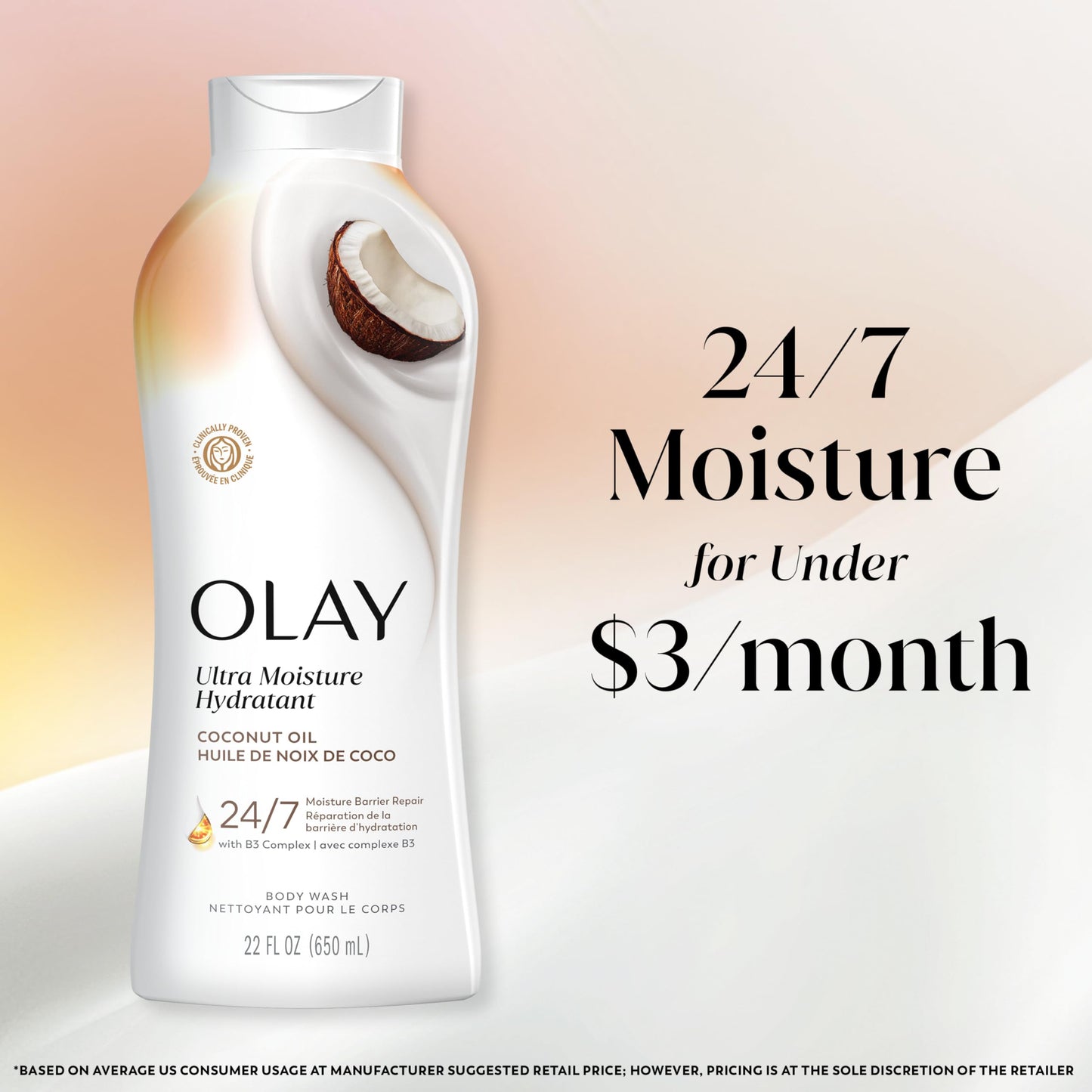 Olay Body Wash for Women, Ultra Moisture, 24hr Moisturizing, Hydrating & Refreshing, B3 Vitamin Complex, Free of Parabens & Phthalates, For All Skin Types, Coconut Oil Scent, 22 fl oz (Pack of 4)