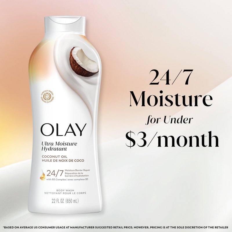 Olay Body Wash for Women, Ultra Moisture, 24hr Moisturizing, Hydrating & Refreshing, B3 Vitamin Complex, Free of Parabens & Phthalates, For All Skin Types, Coconut Oil Scent, 22 fl oz (Pack of 4)