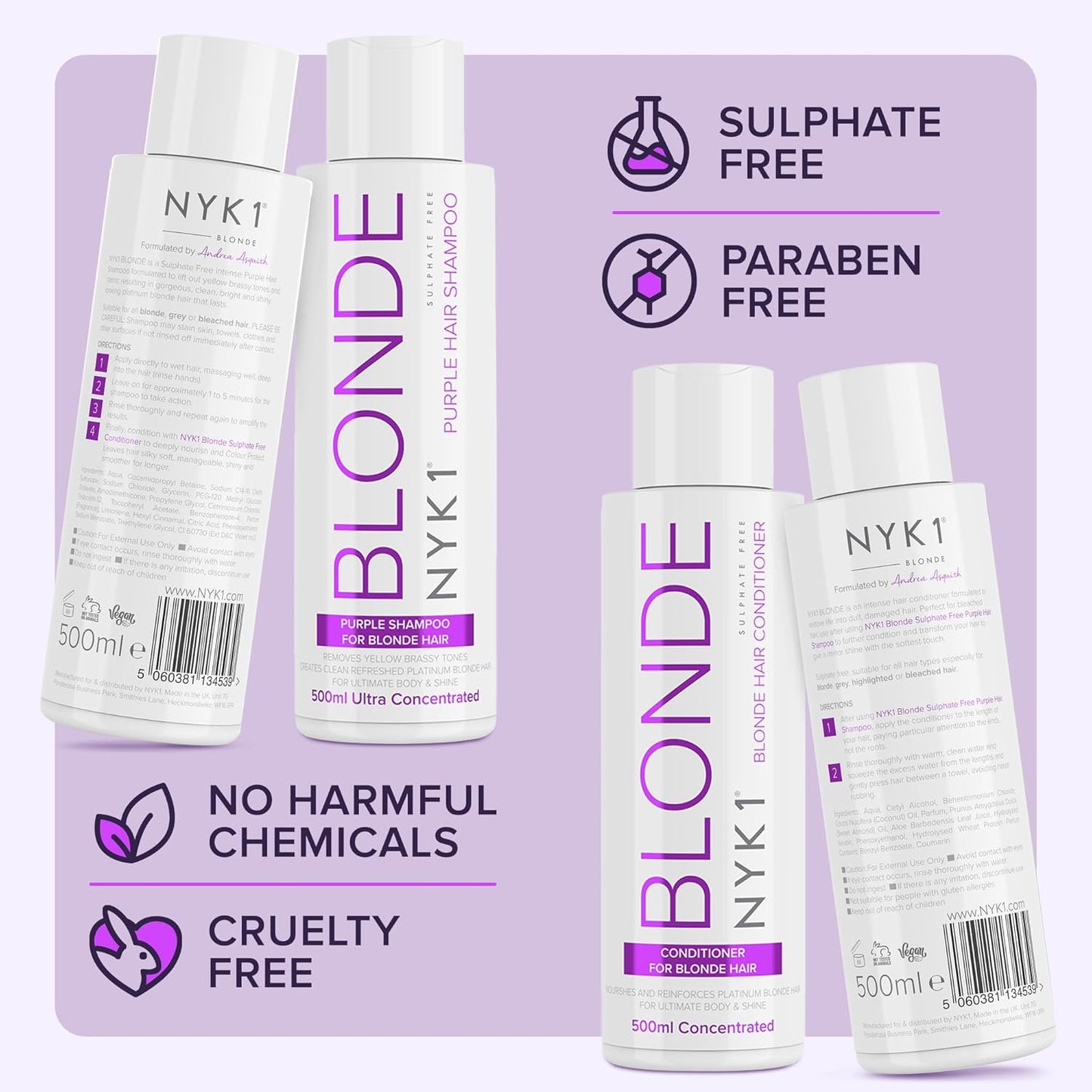 NYK1 NO MORE BRASS Purple Shampoo & Conditioner Set - Sulfate Free, 2 x 16.9 Fl Oz | Eliminate Yellow Brassy Tones for Blondes