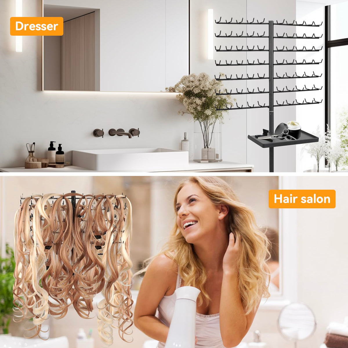 BRIAN & DANY 140-Peg Braiding Hair Rack Standing, Height Adjustable Hair Extension Holder with Salon Tray, Hair Separator Stand for Hairstylist Braiders, Black