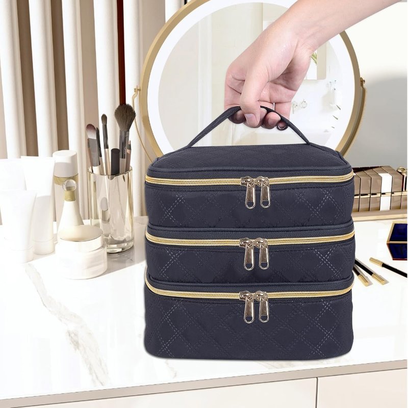 LANDFOBO Large Makeup Bag 3 Layers with Handle Travel Makeup Bag Organizer Toiletry Accessories Bottles, Brushes, and Skin Care Products (Blakc)