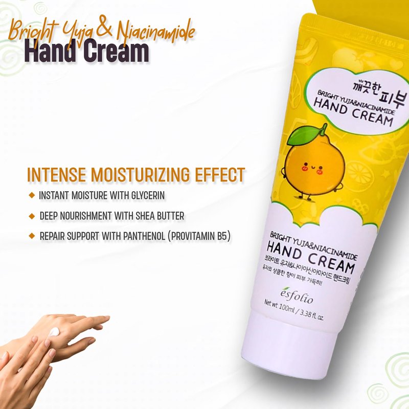 esfolio Yuja Vitamin C Hand Cream – Deep Hydration with Yuja Extract – Nourishing, Fast-Absorbing Hand Moisturizer for Dry, Rough Skin – Korean Skincare for Soft & Smooth Hands (3.38 OZ/100ML)