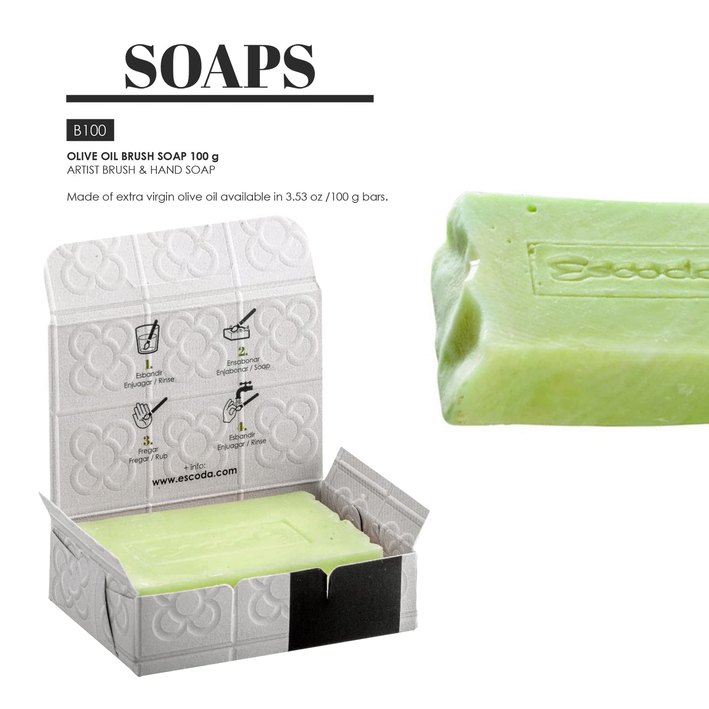 Escoda | Olive oil brush soap | Soap for cleaning brushes and hands | 100g per bar | 1 Bar of soap | For all types of brushes