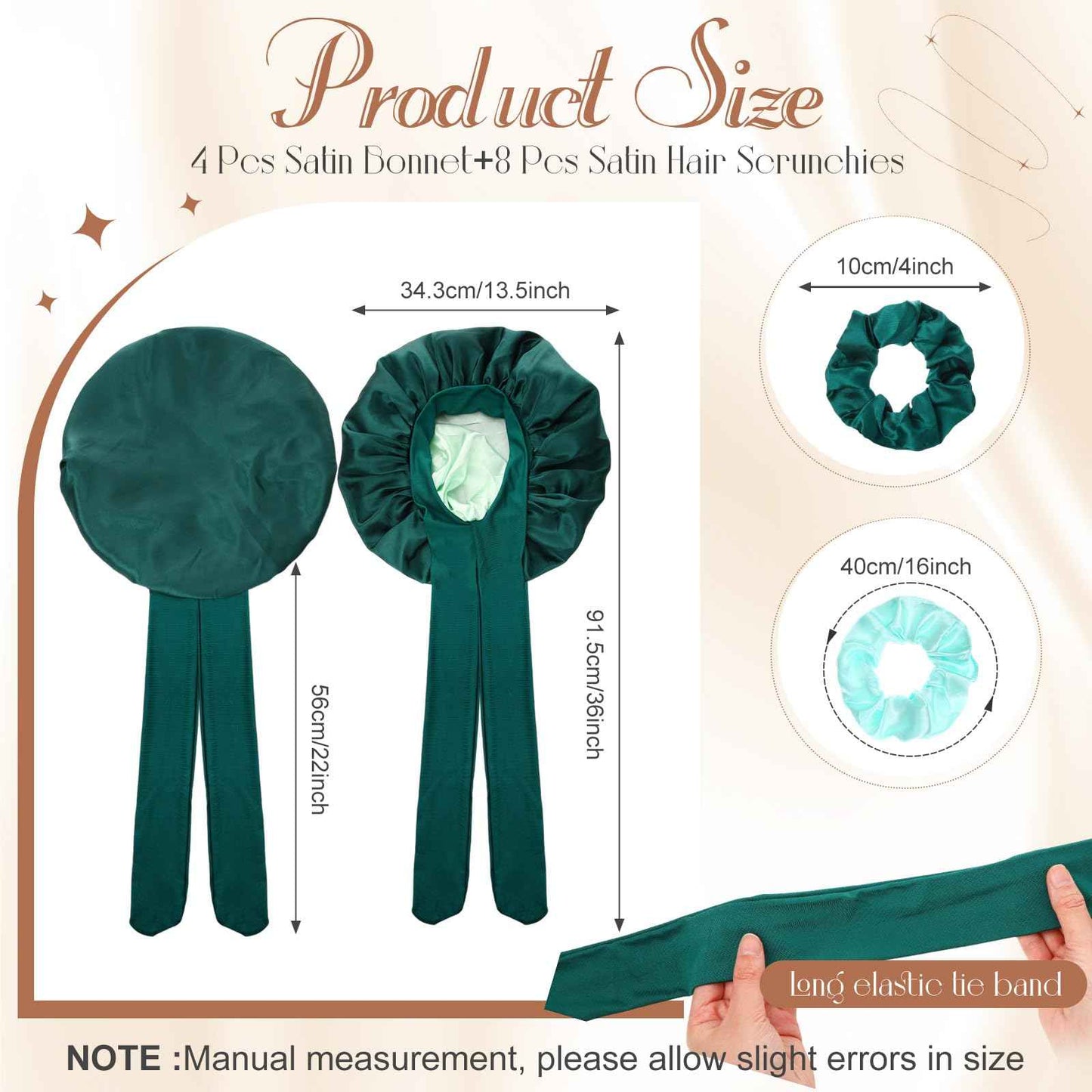 JaGely 4 Pcs Satin Bonnet for Women Tie Hair Bonnet for Sleeping Large 2 Layered Silk Cap With 8 Pcs Hair Scrunchies Double Layer Satin Bonnets (Dark Color)