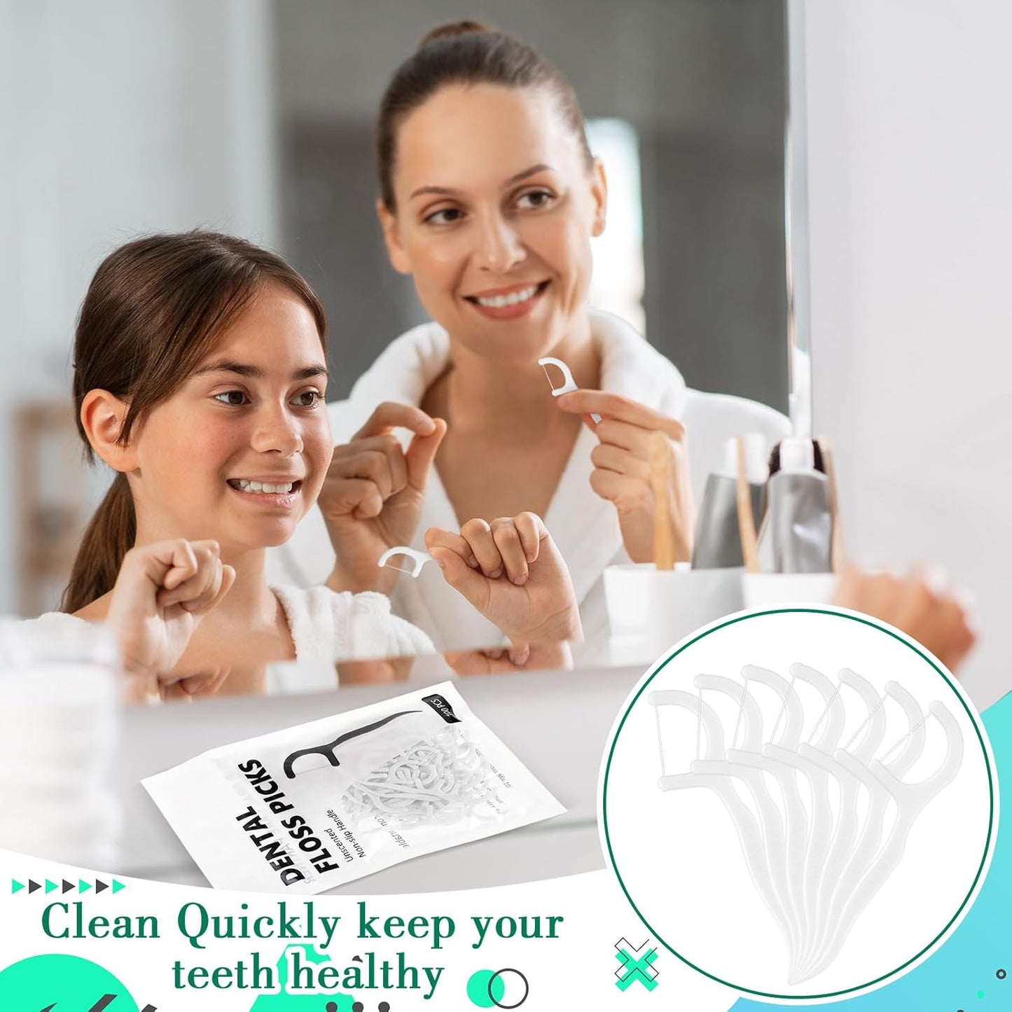 Baderke 200 Count Floss Picks Bulk Non Breakable Tooth Picks Flosser Dental Floss Sticks for Adults Teeth Cleaning Dental Flossers for Family Pack Travel(Light Green)