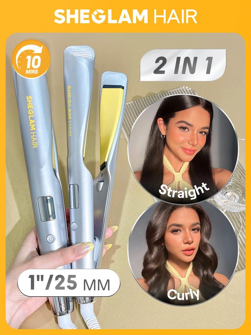 SHEGLAM Flat Iron Hair Straightener, 2-in-1 Twist Ceramic Hair Straightener and Curler, 1 inch, Fast Heating with LCD Display, Multi Styler Round Ion Flat Iron, 302-446°F, Anti-Frizz for Less Damage