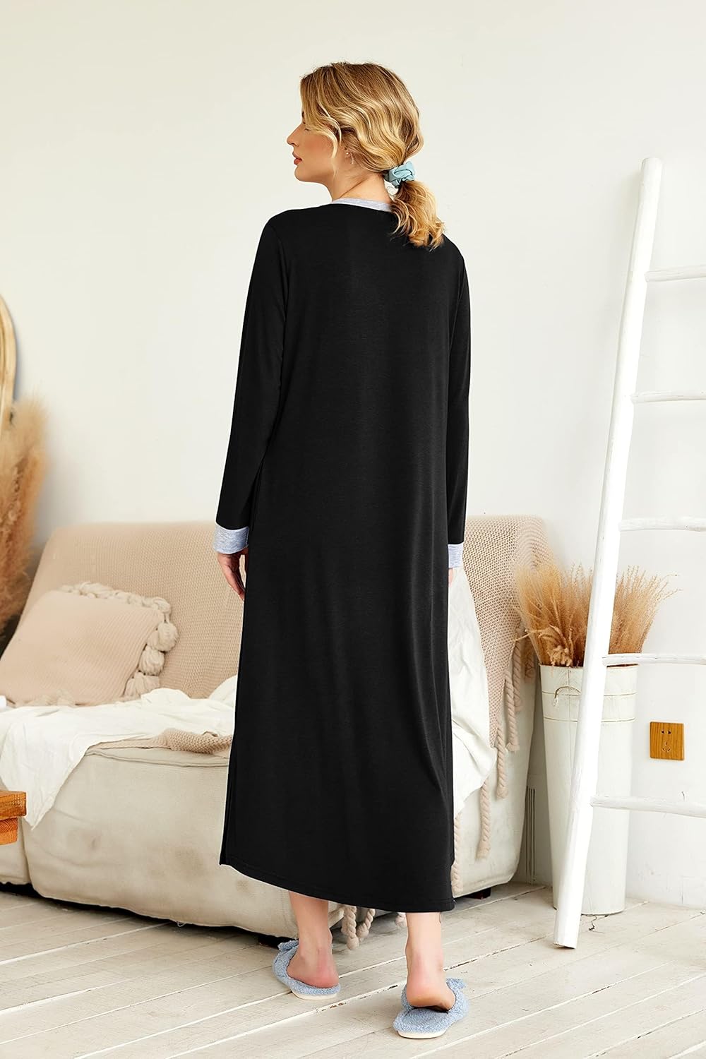 Ekouaer Women's V Neck Nightgown - Long Loungewear Sleepshirt with Pockets | Full Length Sleepwear