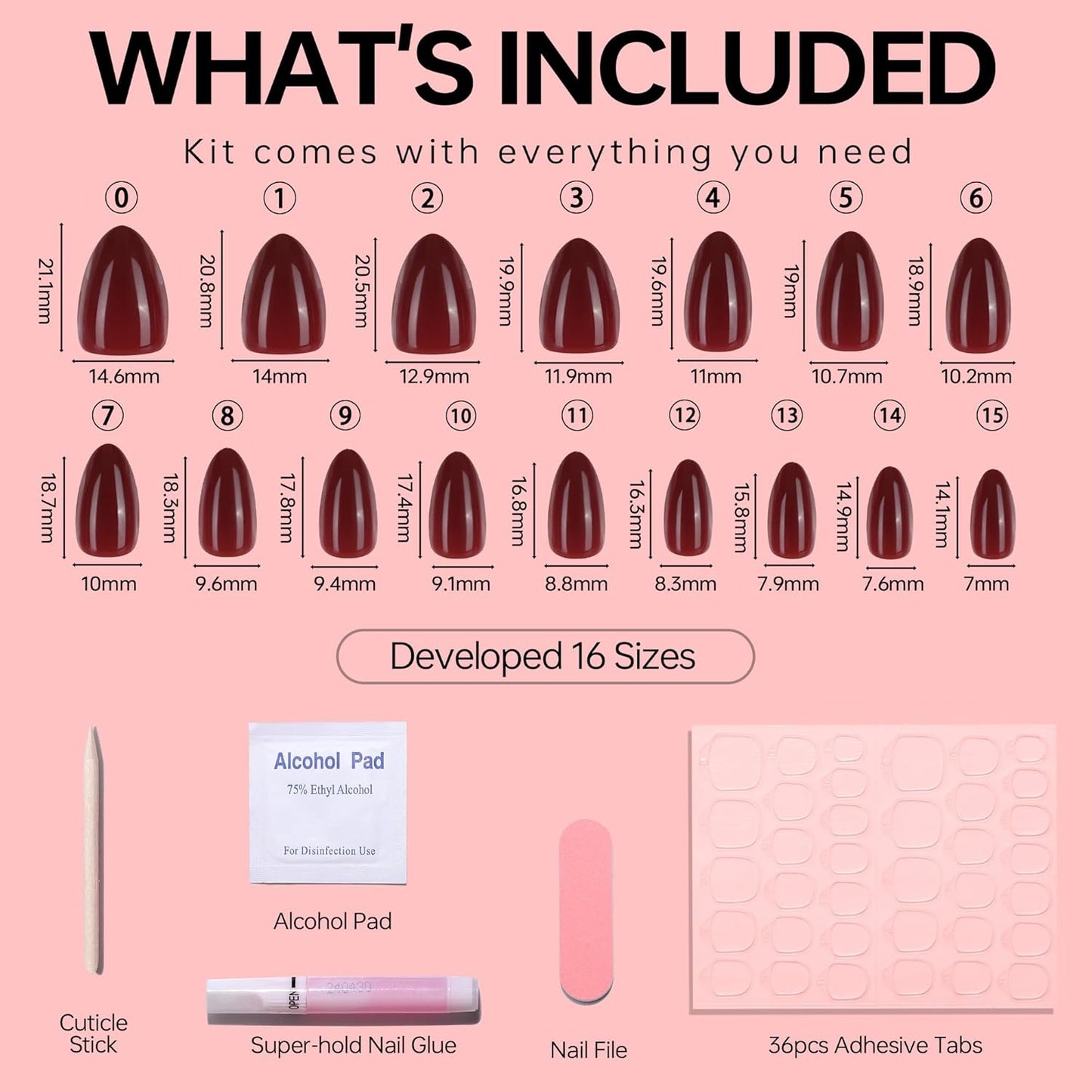French Almond Gel Press On Nails Short 16 Sizes Fake Nails Glossy 32pcs, Nail Glue Included