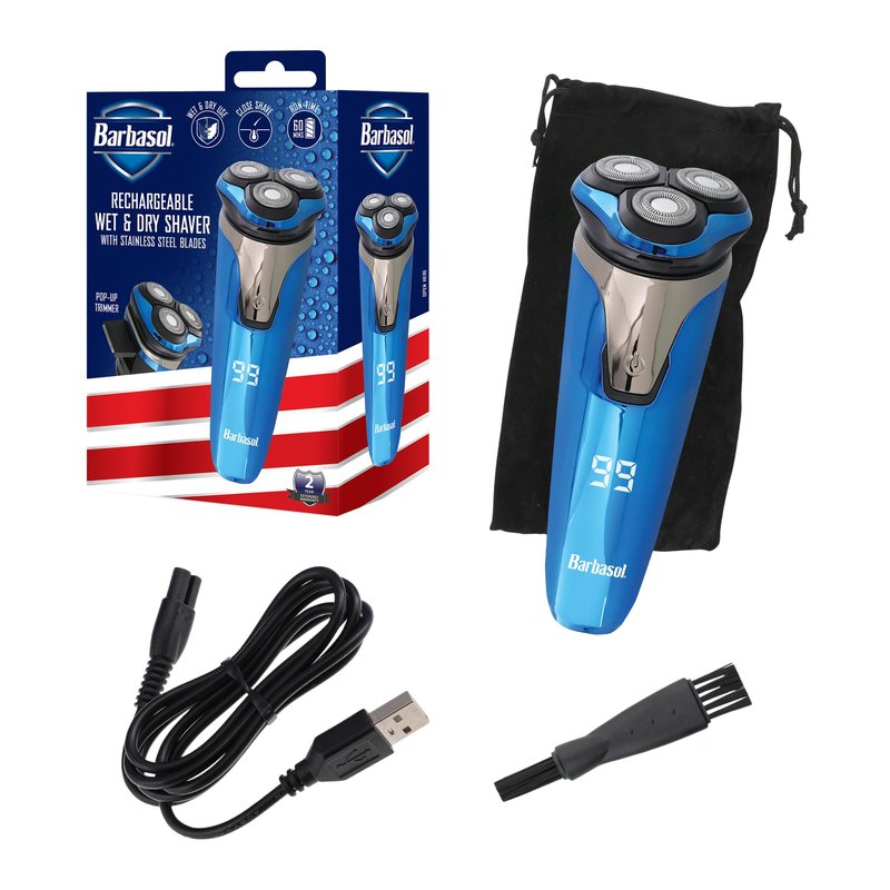 Rechargeable Electric Wet and Dry Rotary Shaver with Stainless Steel Blades, Pop Up Trimmer and LCD Screen