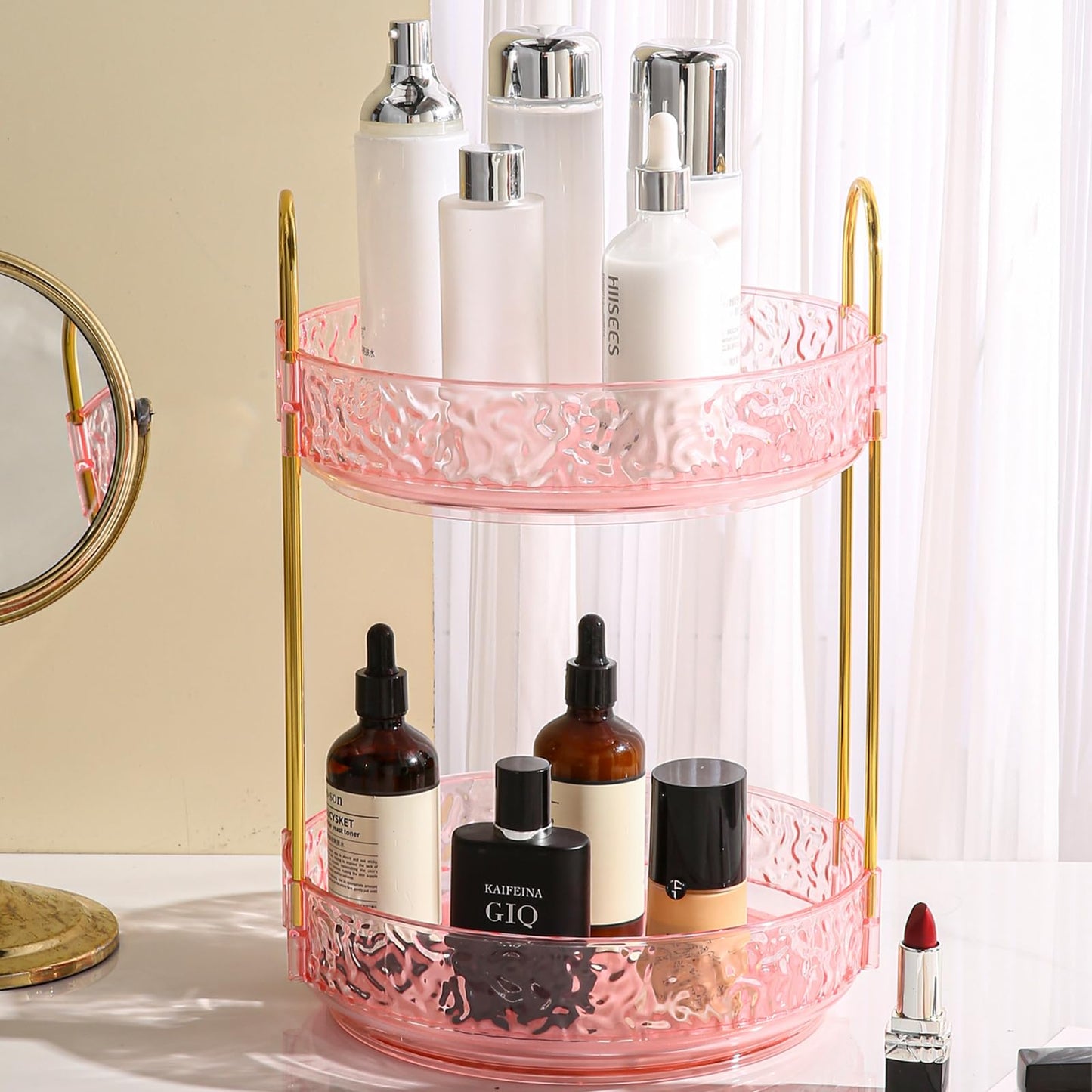 Fangoo Rotating Makeup Organizer for Vanity, 360 Spinning Cosmetic Storage, Perfume Holder for Bathroom Countertop or Dresser (Pink, 3 Tiers)